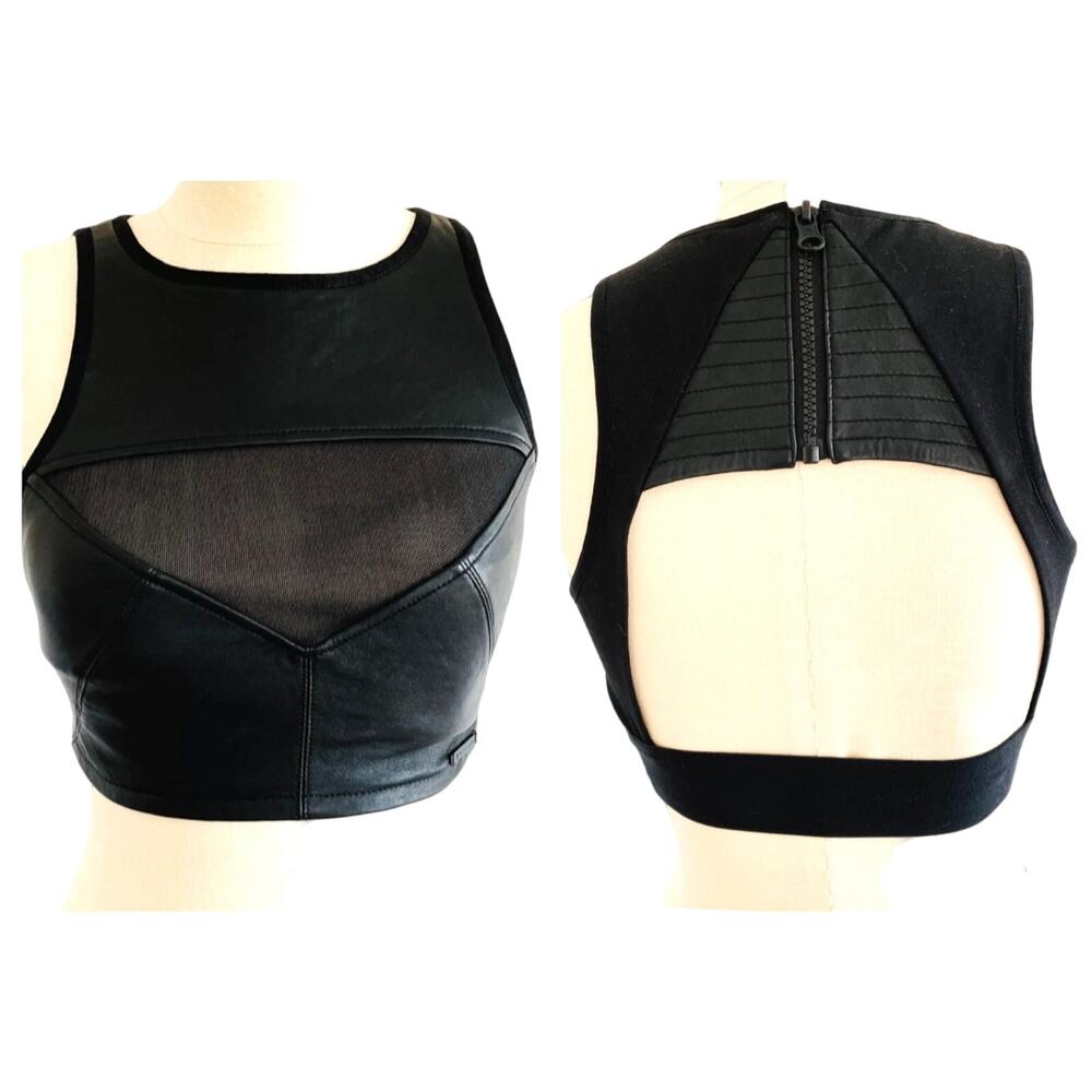 BLANC NOIR Black Leather Sheer Mesh Halter Crop Cropped Top Bra Cut-Out Back XS